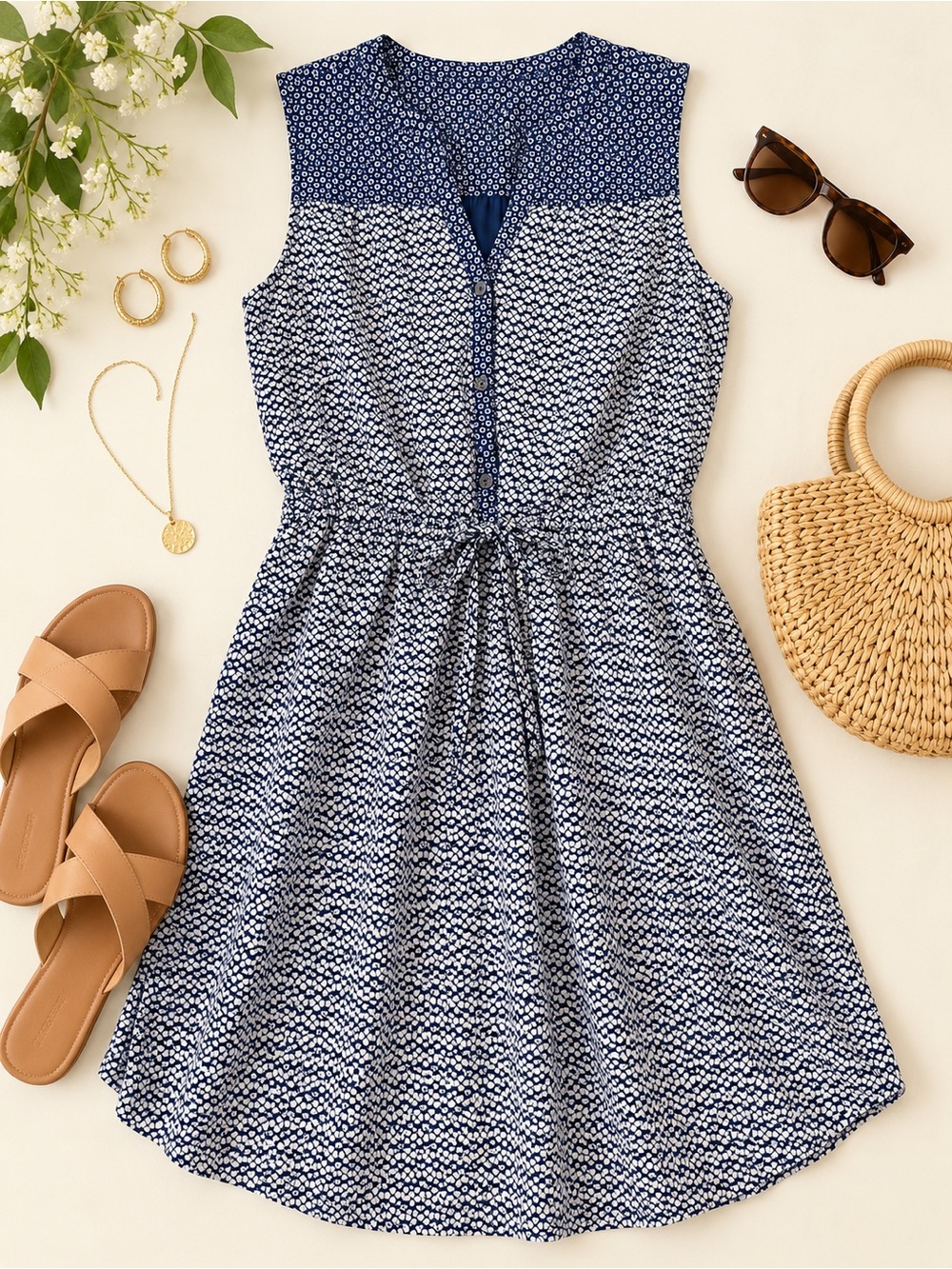 GAP Navy & White Print Sleeveless Tie Waist Dress Size M